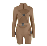 hirigin Women Bodycon Buckle Cut Out Biker Rompers Sexy Long Sleeves Hollow Out Clubwear Bodysuit One Piece Short Jumpsuit