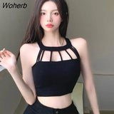 Neck Knitted Tank Tops Women Sexy Backless Crop Tops Summer Hollow Halter Top Slim Sexy Vest-Outfit