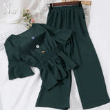 Neck Elastic Waist Ruffles Hem Blouse And High Waist Slim Wide Leg Pants Women