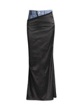 Woherb 2024 New Fashion Trend Wind High-Waisted Jeans Stitching Design Sense Long Slit Wrap Hip Skirt-Outfit