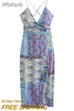2023 Women Summer Strap Dress Vintage Print Strapless Backless Split Female ELegant Street Bow Mid-Calf Dresses Clothing-Outfit