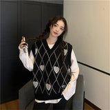 Sweater Vest Trendy Argyle Heart Loose Harajuku Black Lovely Girls All-match Soft Outwear Females Jumpers Students
