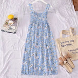Women Sweet Girls Retros Floral Basic Sundress Summer Spaghetti Strap Mid-calf Stretchy A-line Causal Holiday