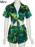 Kliou Camouflage Print Two Piece Set Women Summer Hot Beach Notched Sexy Cleavage Female Tops+Casual Lace Up Silky Skinny