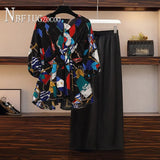 Summer Plus Size Women Sets Elastic Waist Blouse And Pants Female