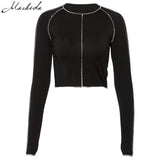 Black Casual T Shirt Women O-Neck Long Sleeve Slim Crop Tops White Stripe Shirt Skinny Cropped Top Fashion