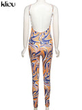Kliou Aesthetic Panelled Print Jumpsuit For Women Hot Casual Silky Spaghetti Strap Skinny Bodysuit Streetwear Female