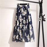 Spring Summer Women Midi Skirt Chiffon Floral Printed Skirt High Waist Casual Bohemian Beach Fashion Casual Skirts QT118-Outfit