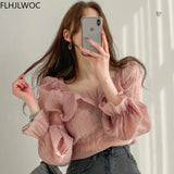 South Korea Chic Sweet Square Collar Temperament Shirt Women Summer Retro Hong Kong Flavor Folds Puff Sleeve Top