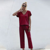 Hotsale 2pcs Women Summer Tracksuits Set Lounge Wear Short Sleeve Tops Long Pants Sweat Suits Elastic Waist Casual