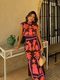 Women Vintage Print High Waist Slit Skirt Suit Elegant O-neck Short Sleeves Cropped Top Set 2024 New Summer Lady Chic Streetwear-Outfit
