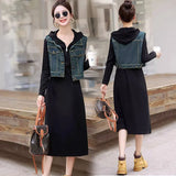 Woherb Vest With Black Hooded Dress Women's 2024 Summer New Casual Foreign Fashion Dress Two Sets-Outfit