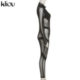 Kliou Mesh Patchwork Jumpsuit Women Mock Neck Full Sleeve Geometric One Piece Playsuit Sexy Midnight Overall Party