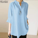 Summer Blouses ZANZEA 2022 Vintage Solid Tops Half Sleeve Blusas Female V Neck Tunic Casual Chemise Oversize