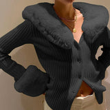 Solid Casual Women Y2K Cardigans Vintage Single-breasted Knit Sweaters Elegant Skinny Fur Collar Top Femme