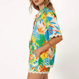2 Piece Lounge Set for Women Summer Casual Floral Two Piece Vacation Outfits Button down Pajamas Ric Rac Shorts Set-Outfit