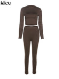 Kliou fashion tracksuit women turtleneck full sleeveless crop top+leggings matching set stretchy sporty fitness casual