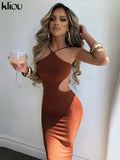 Kliou Ribbed Lace up Maxi Dress Women Sexy Solid Sleeveless Backless Body-Shaping Cut Out Skirt Party Clubwear Female