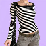 Cute Grunge Aesthetic Striped T-Shirts Harajuku Slim Spring Tee Preppy Style Streetwear Alt Emo Academia Tops
