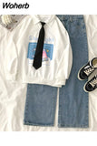 2 Piece Set womens outfits cotton Sportswear Casual loose full Sleeve hoodies and denim wide leg pants Two Piece Sets INS 430-1-Outfit
