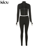 Kliou Solid Simple Two Piece Set Women Sheath Slim Casual Sporty Long Sleeve Zipper Top+Body-Shaping Female Activewear