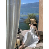 Hot Girl Sexy Show Thin Collar Dew Back Strap Hanging Neck Condole Belt Pleated Seaside Photo Comfortable Dress-Outfit