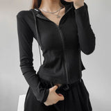 Street Style Zipper Up Slim Crop Tops Women Autumn New Thin Hooded Jacket Woman Korean Pocket Long Sleeve Shirt Mujer-Outfit