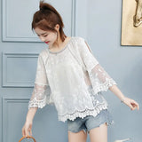 Spring Summer Embroidery Lace Blouse Flare Sleeve Hollow Out Women Shirt O-Collar Casual Female Tops Ladies Clothing 4506