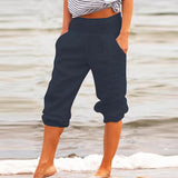 Size Casual Women Capri Pants Casual Pockets Solid Color High Waist Loose 3/4 Trousers Daily Life Woman