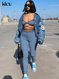 Kliou Striped Print Two Piece Set Women Sexy V-neck Bandage Backless Bra Tops+Mid Waist Stretchy Sheath Pants High Street