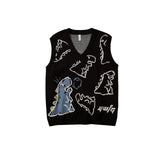 Temperament Knitted Sweater Vest 2021 Winter Sweet Girl Jumper Cartoon Dinosaur V-neck Sleeveless Knitwear Casual Loose