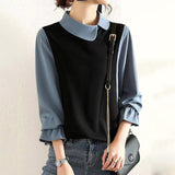 Korean Doll Collar Office Lady Fake Two Piece Long Sleeve Blouses Elegant Fashion Pullover Tops Women Loose Casual Shirts-Outfit