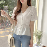Short Chic Tops Summer Puff Sleeve Slim Waist Peplum Lace-Up Bow Tie Ruffled Shirt Blouse Women Top Korean Japan Flhjlwoc