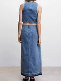 2023 Women Summer Denim Vests Coats Fashion Solid Pockets Buttons V-Neck Female Elegant Street Waistcoat Vest Clothing-Outfit
