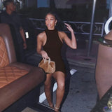 Kliou Stacked Solid Mini Dress Women Fashion Sleeveless Irregular Shape Stunning Body-Shaping Skirt Party Clubwear Female