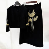 New Temperament Flower Heavy Industry Nails Seven-Sleeved Jacket Jacket Mid-Long Half Skirt