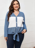 Color Blocking Casual V-neck Full Sleeves Knotted Regular Plus Size
