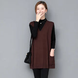 Woherb Autumn Long Loose Wear V-Neck Knit Thin Vest Vest New Large Size Set Vest Female-Outfit