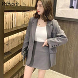 Women Temperament Solid Simple 2 Piece Single Button Notched Long Sleeve Coat Mini High Waist Elegant Skirts Korean Style-Outfit