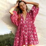 Casual V -Neck Floral Print Pleated Boho §á§ݧѧä§î§Ö §ا֧ߧã§ܧà§Ö Vintage Loose Half Sleeve Holiday Spring Beach Mini Dress vestidos-Outfit