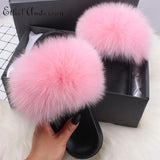 ANERSON Real Fox Raccoon Fur Slippers for Women Fur Slides Flip Flops Beach Plush Fluffy Furry Designer Slippers