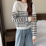 Korean Style Striped Sweater Woman All Match Long Sleeve Knit Pullover Women Autumn Winter Basic O Neck Bottoming Shirt-Outfit
