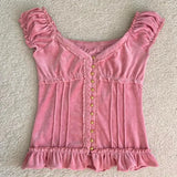 y2k Kawaii Milkmaid krótki Top przycisk Ruffles wykończenia zasznurować T-shirt kobiety swetry Tees słodki Fairycore Grunge gorset-Outfit