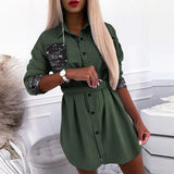 Sexy Girl Sequins Embroidered Lace Patchwork Shirts Mini Dress Lapel Button Design Solid Color Long Sleeve Shirt