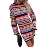 Bohemian Color Block Striped Knit Crochet Sweaters Dress Autumn Women's Long Sleeve Crew Neck Mini Bodycon