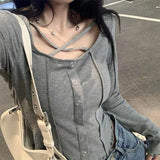 Woherb Girl Heart Machine Collarbone Show Thin Short Style Student Jacket Female 2024 Autumn Dress New Slim Pit Strip Long-Sleeved T-Shirt Female-Outfit
