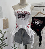 Shooting Hottie Slant Shoulder Short Letter Print T-Shirt Summer Waist Thin Sling Vest Sleeveless Top