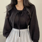 Thin White Knit Cardigan Women Summer Sunscreen Lace-Up Knitwear Tops Woman 2023 Lantern Sleeve Cropped Sun Protected Top-Outfit