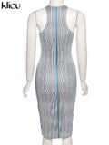 Kliou Striped Color Blocking Mini Dresses Women Fashion Stitching Sleeveless Body-Shaping New Style Skirt Female