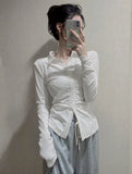 Sexy Shirts Skinny Grey Y2k Long Sleeve Pleated Elegant Chic Korean Fashion Streetwear Outer Wear Layer Top Office Lady